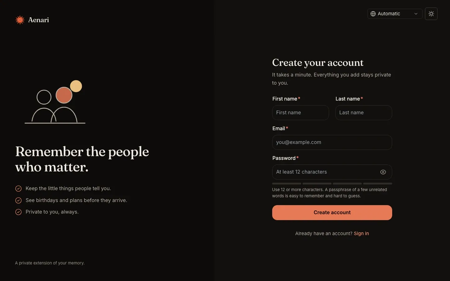 Aenari's create-account screen asking for a first name, last name, email and a password of at least 12 characters.