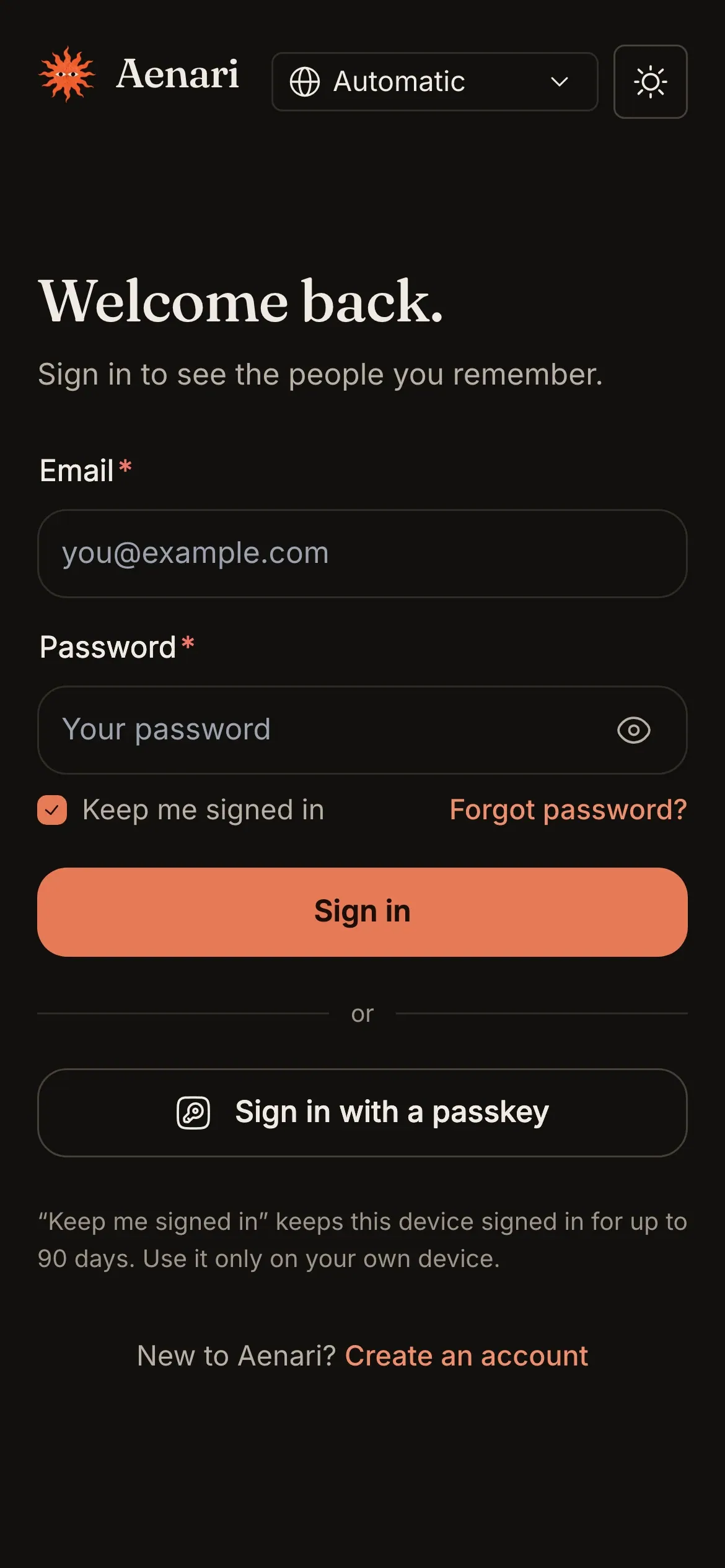 Aenari's sign-in screen on a phone.