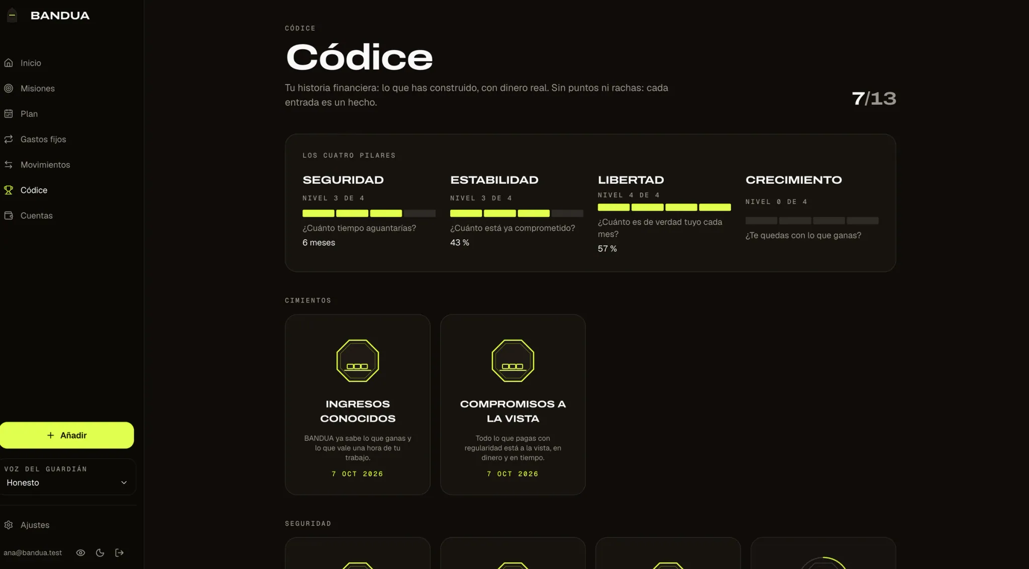 The Codex screen showing four pillars — security, stability, freedom and growth — each with a level and the question it answers, above achievements such as "known income" and "commitments in view", dated 7 October 2026.
