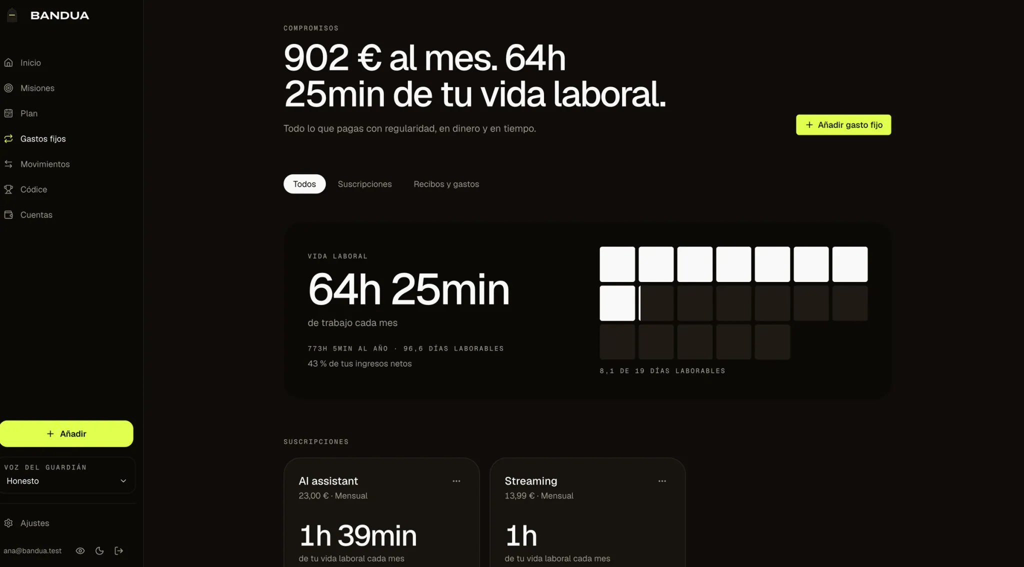 The fixed costs screen headed "902 € al mes. 64h 25min de tu vida laboral", with a grid of working days showing how much of each month goes to recurring costs, and subscriptions each shown in hours of work.