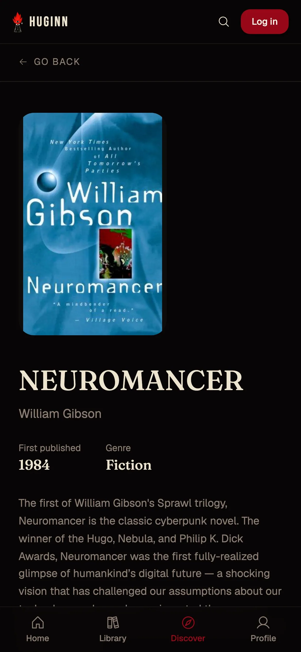 The Neuromancer book page on a phone.
