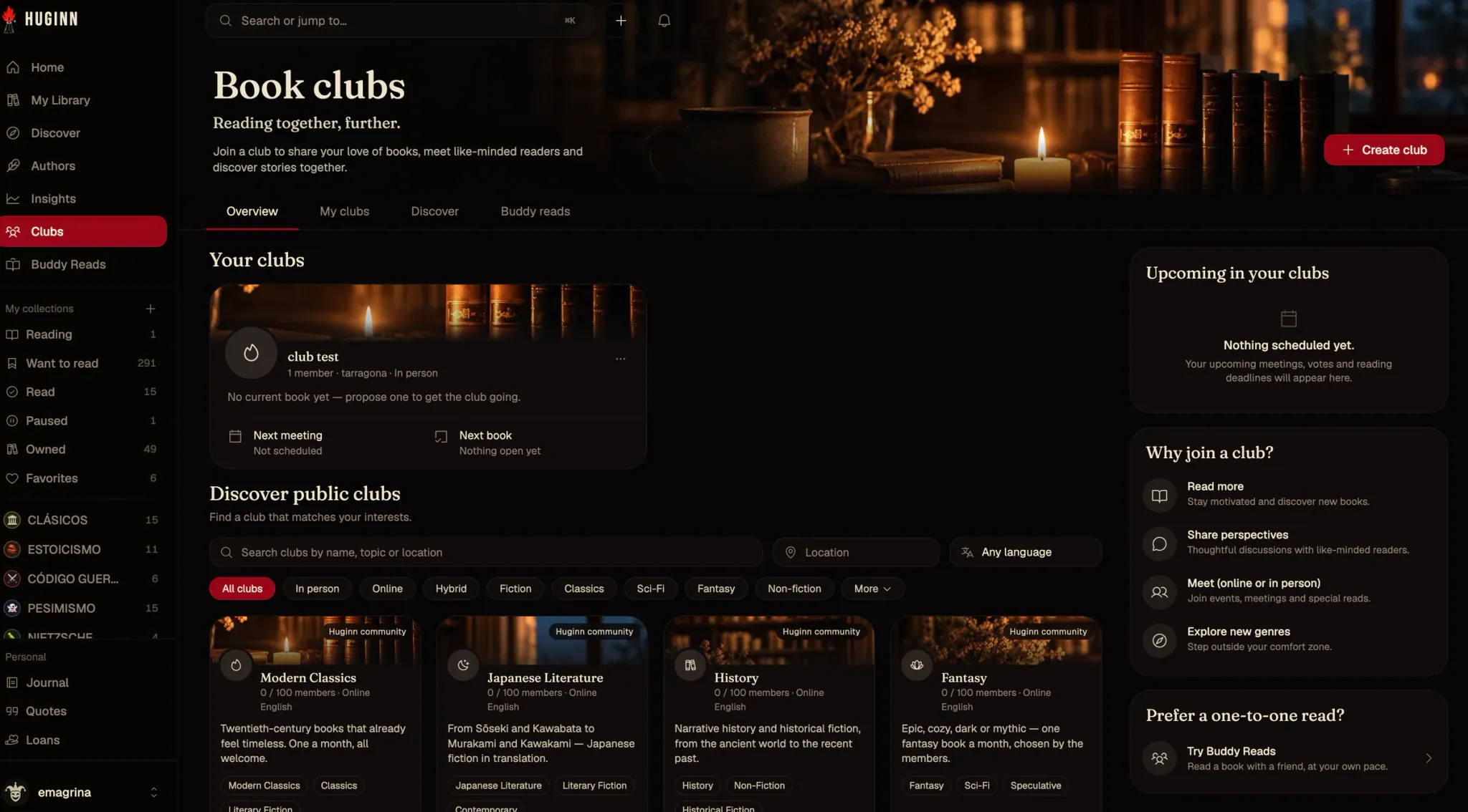 The Book clubs page, "Reading together, further", with the reader's own club, upcoming meetings, and public clubs to join filtered by in person, online or hybrid and by genre.