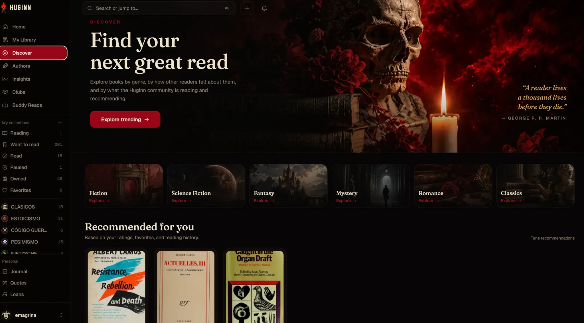 The Discover page with the headline "Find your next great read" over an artwork of a skull and a candle, genre tiles for fiction, science fiction, fantasy, mystery, romance and classics, and personal recommendations below.