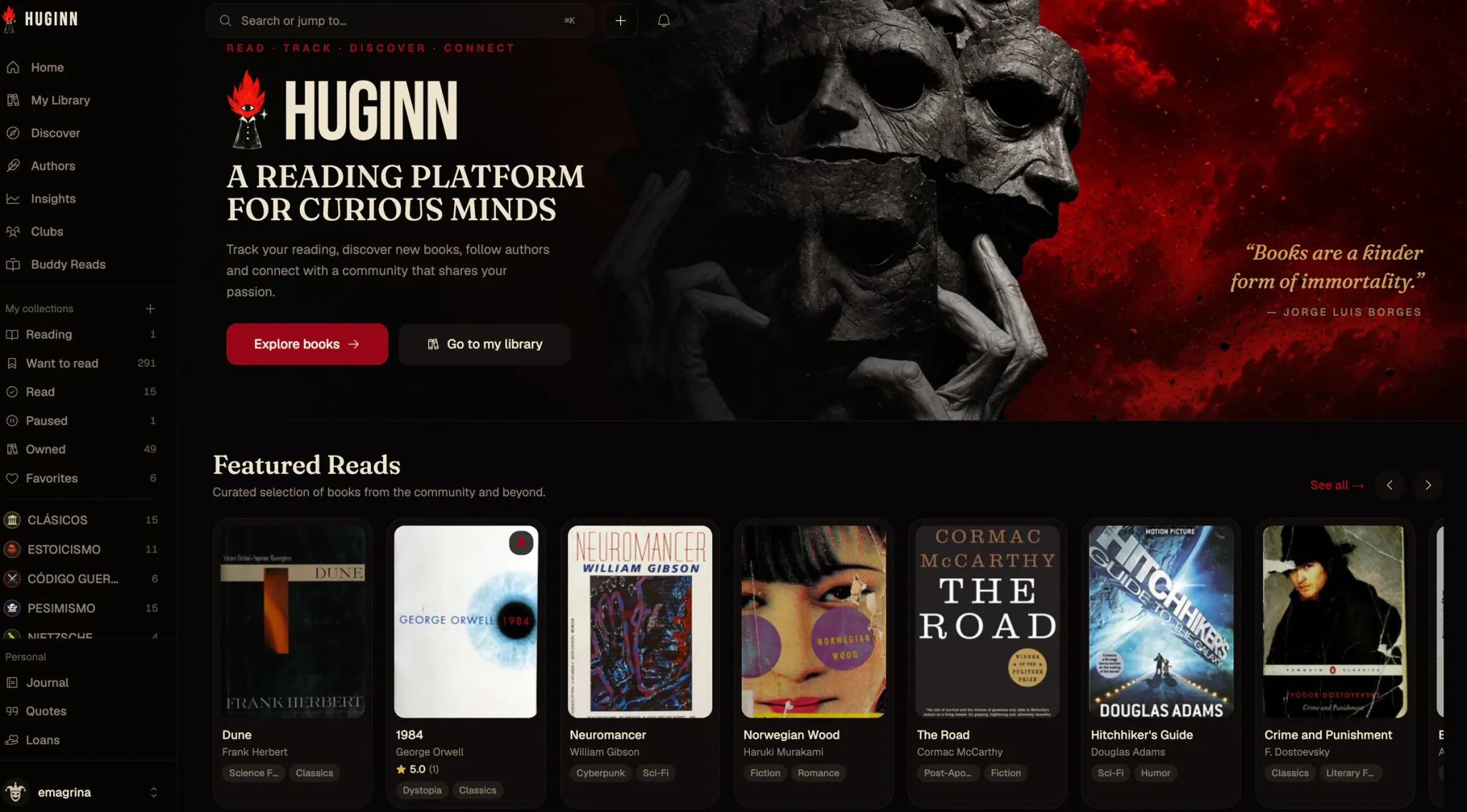Huginn's home page while signed in, with a sidebar of library shelves and personal collections, a red artwork banner with stone masks under the headline "A reading platform for curious minds", and a row of featured books below.