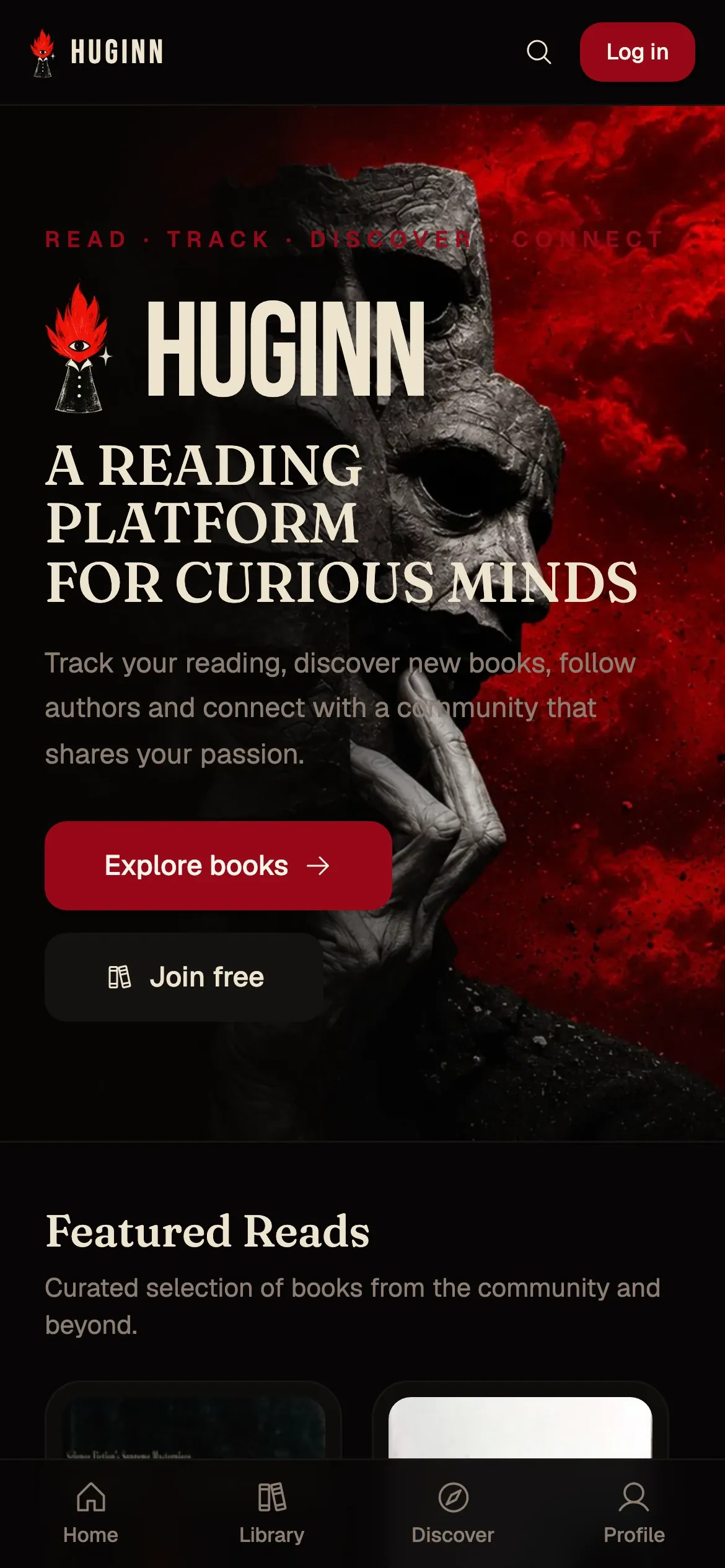 Huginn's home page on a phone, with the wordmark and a bottom navigation bar.
