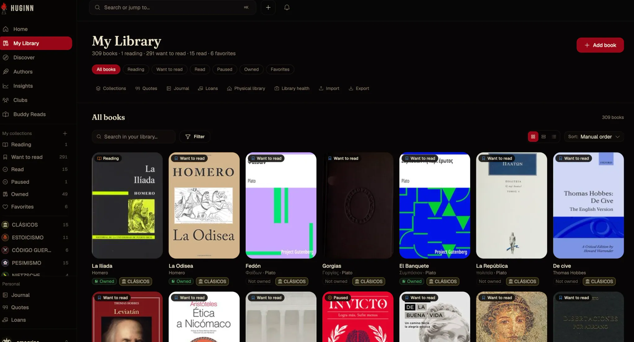 My Library, showing 309 books with filters for reading, want to read, read, paused, owned and favourites, links to collections, quotes, journal, loans, physical library and import or export, and a grid of book covers tagged with their status and collection.
