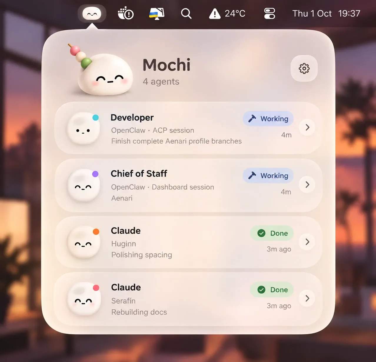 A close-up of the Mochi popover showing four agents with animated faces and Working or Done badges.