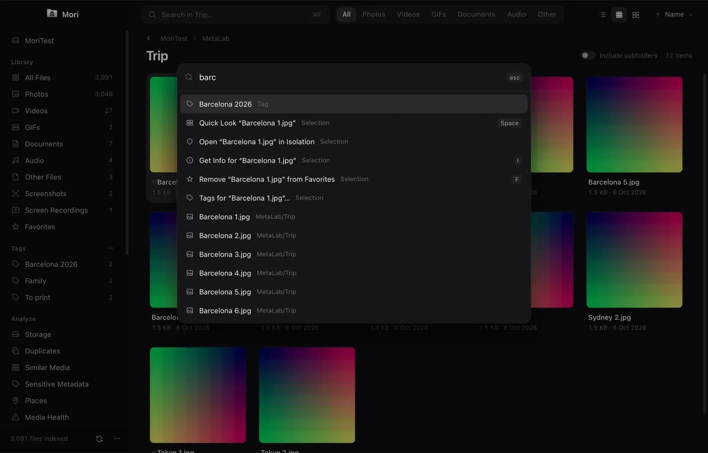 The command palette open over a photo grid, listing actions for the selected photo.