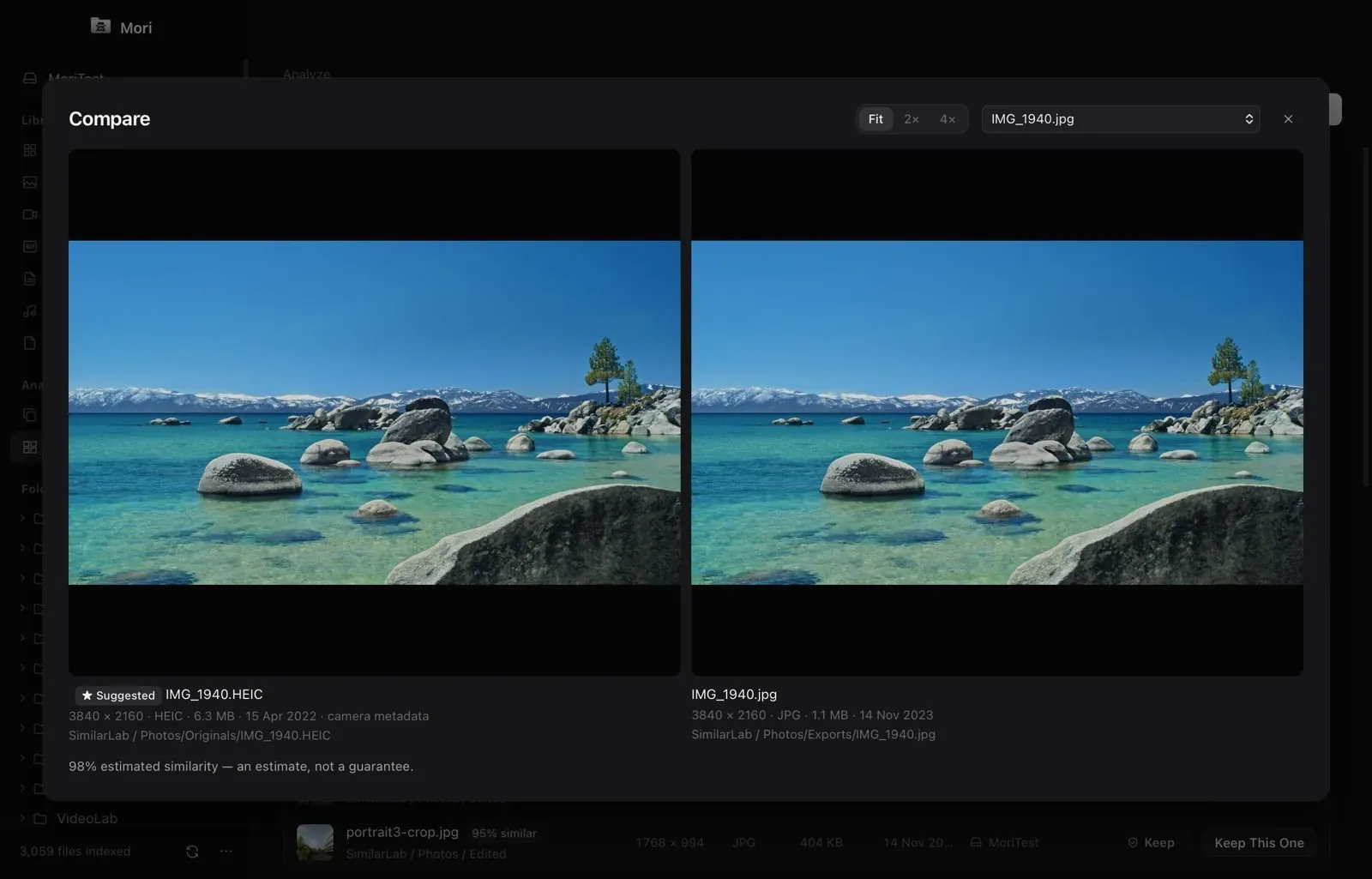 The Compare view showing two near-identical lake photos side by side with their metadata.