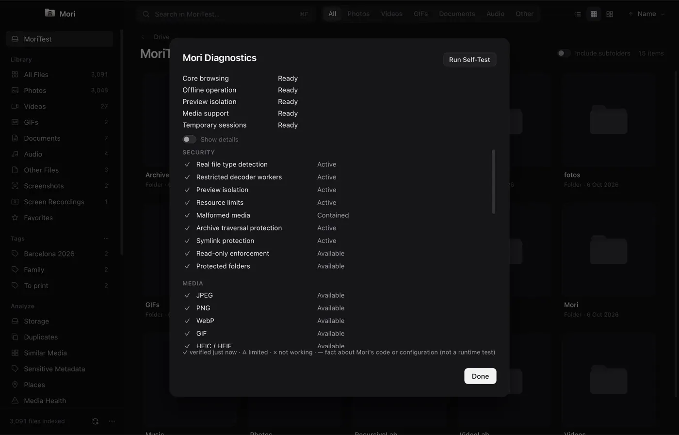 The Mori Diagnostics panel listing protections such as offline operation and restricted decoder workers as active.