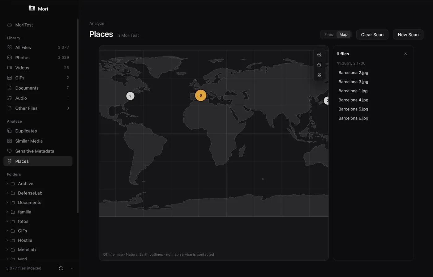 The Places view showing photo locations as markers on an offline world map.