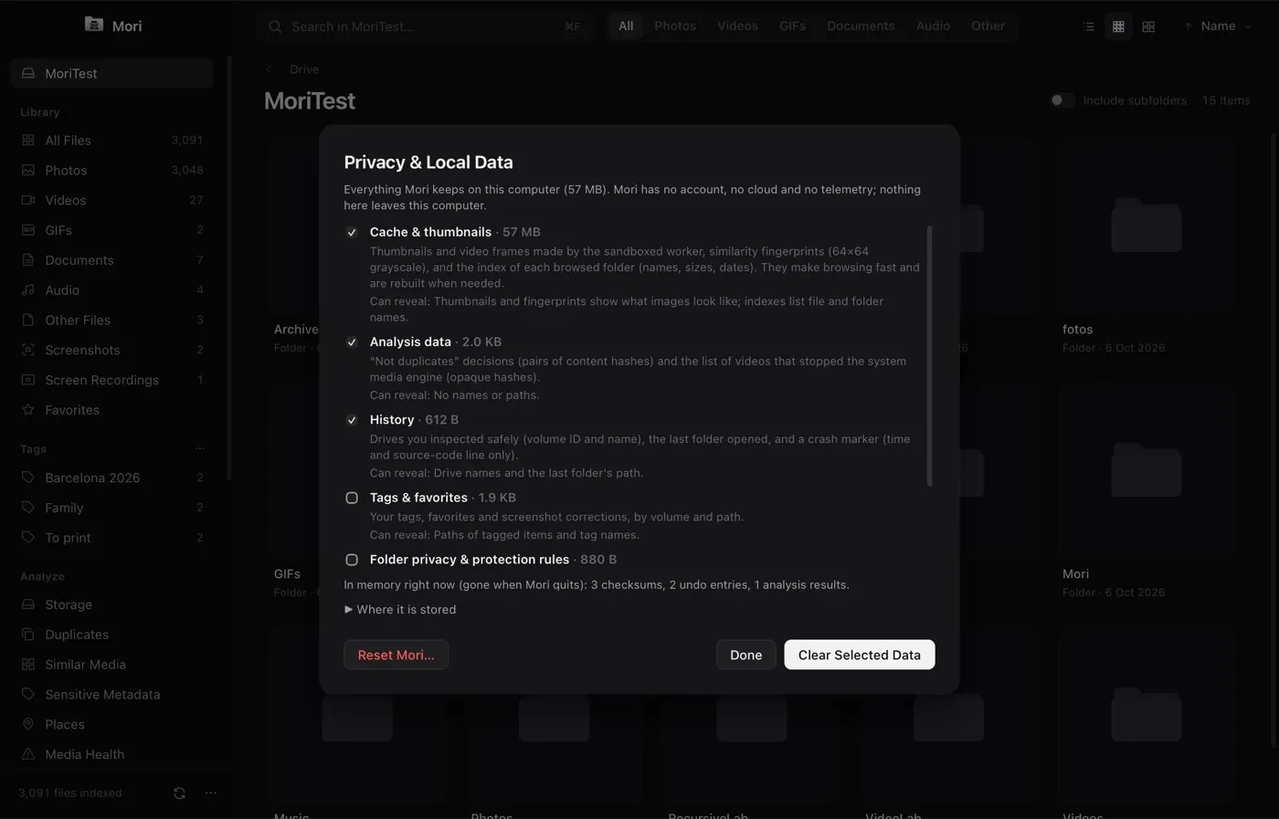 The Privacy & Local Data panel listing everything Mori stores, with sizes and checkboxes to clear each item.