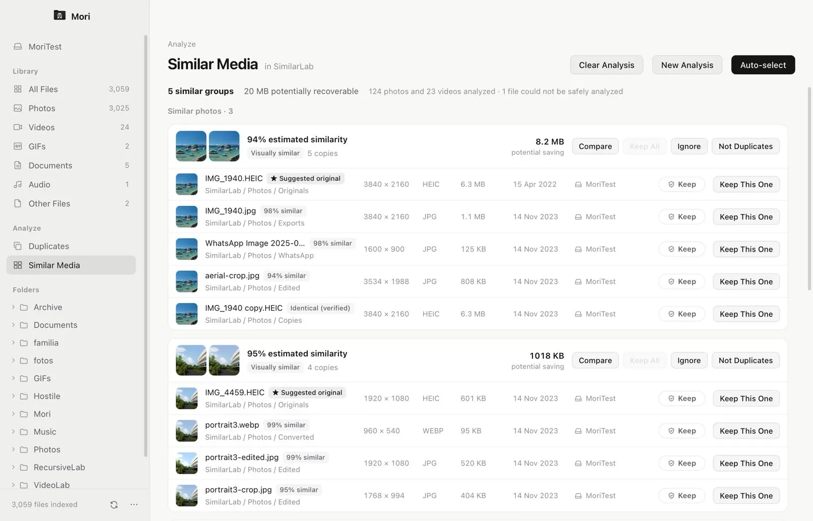 The Similar Media results in the light theme, grouping near-duplicate photos with estimated similarity.